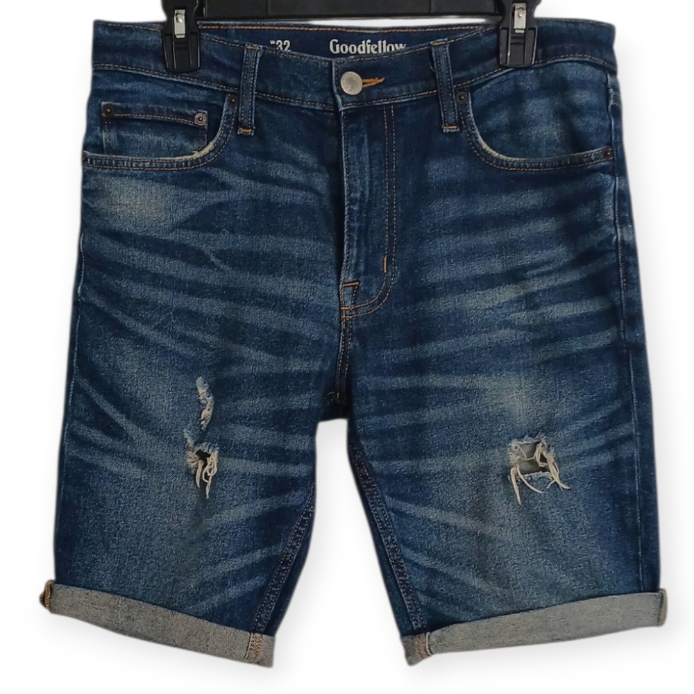 GOODFELLOW & CO MEN'S  BLUE JEAN  SHORTS TOTAL FLEX SLIM DESTRESSED. SIZE W32